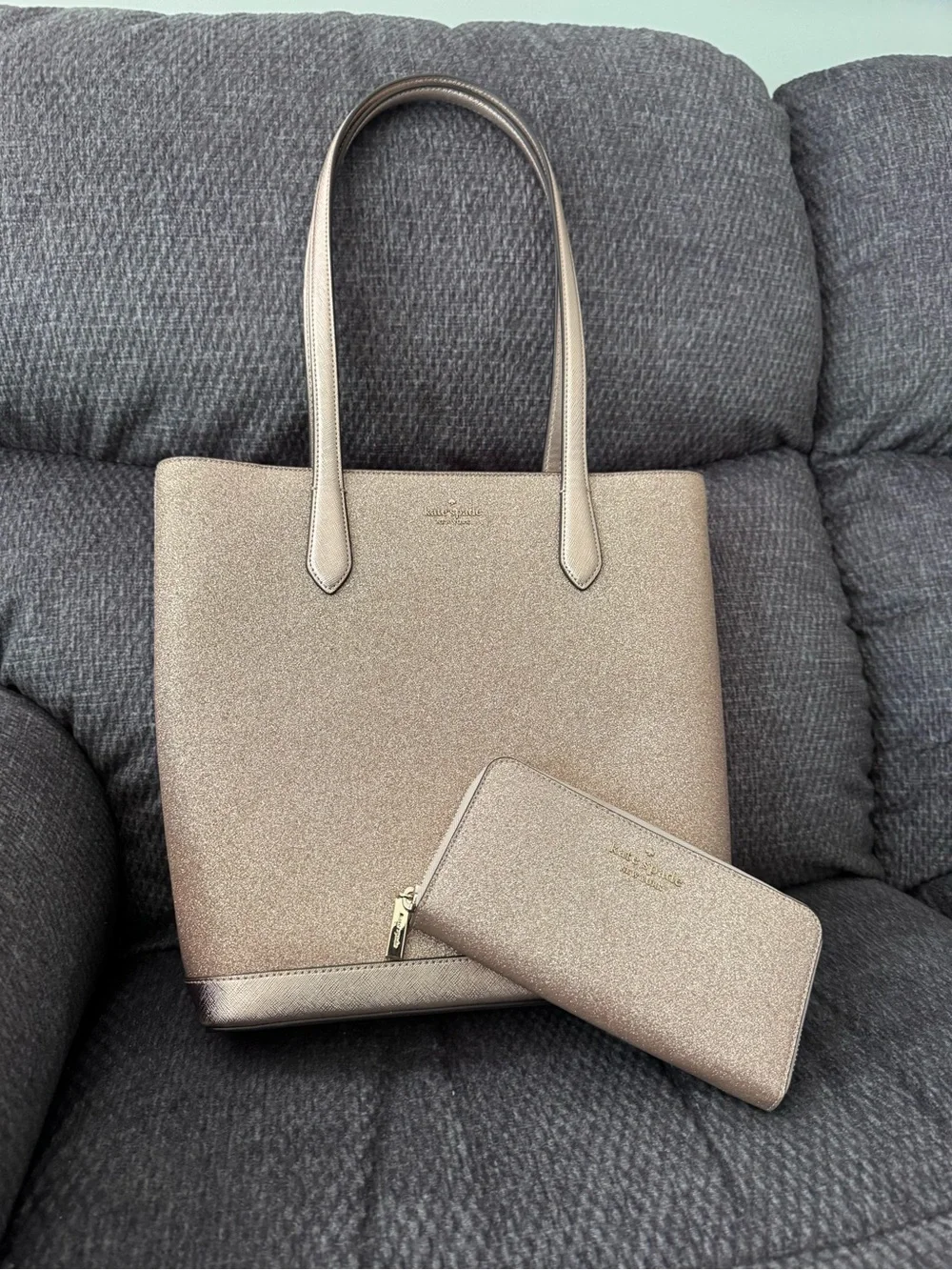 kate spade Rose Gold Glitter Tote with Matching Zip Wallet